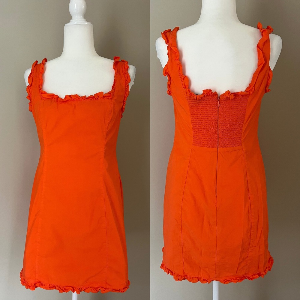 J Crew Orange Smocked Square Neck Ruffle Mini Dress Size‎ 6